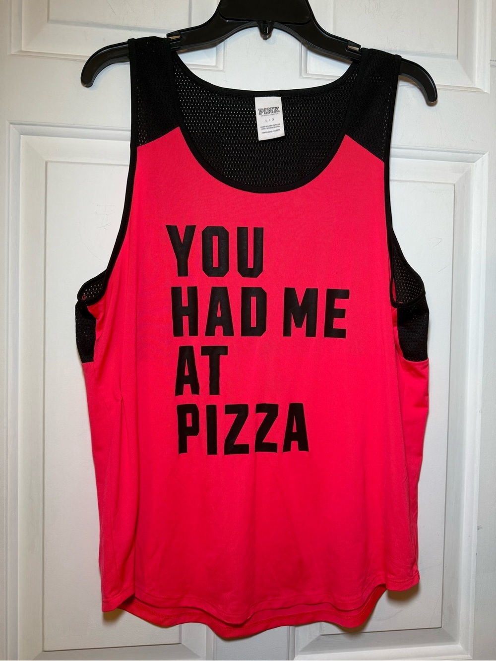 Victoria Secret PINK Graphic Athletic Tank LARGE ‘You Had Me At Pizza’ Mesh Back